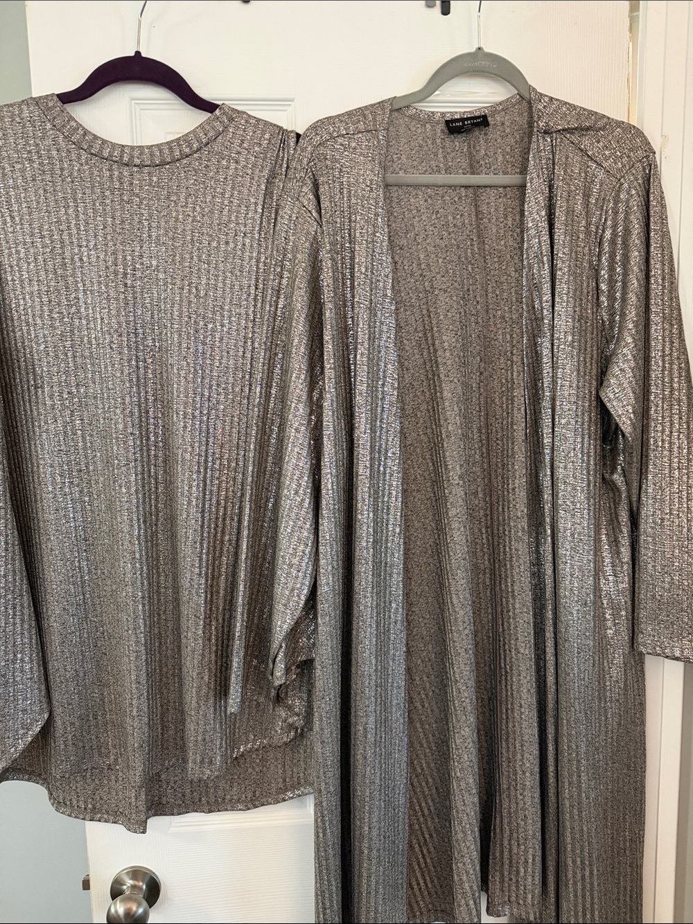 Lane Bryant Silver Metallic Ribbed Top and Long Duster Cardigan Set 2 piece set.